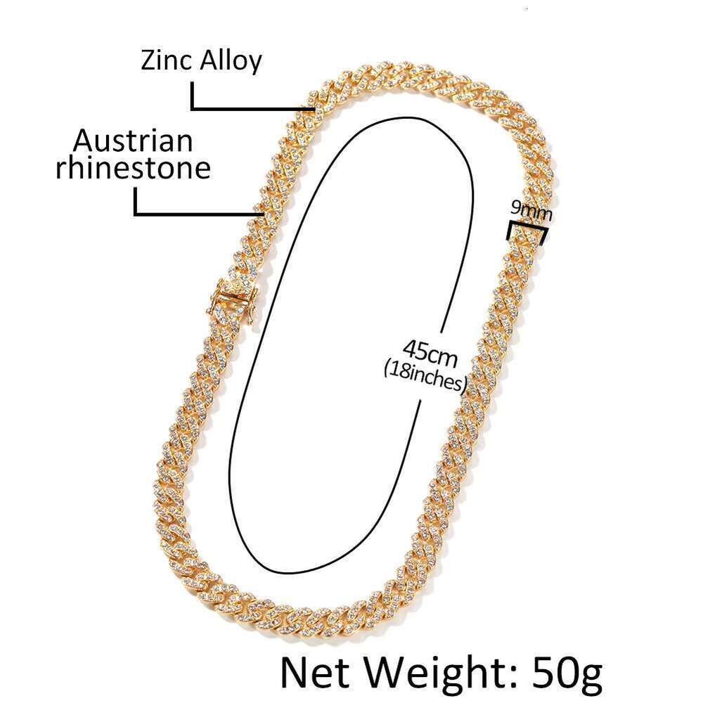 DHCollections 9mm Iced Out Cuban Link Chain Necklace Bracelet Set Hiphop Style Gold Silver Rhinestone Jewellery for men