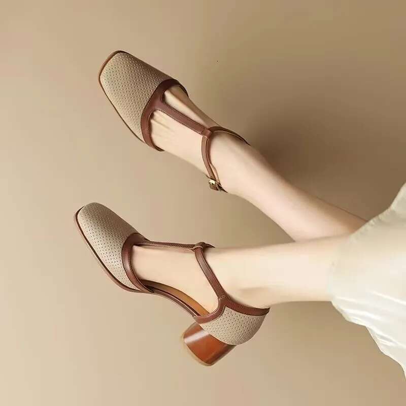 Baotou Muffin Thick-soled Hollow Sandals Summer Thick Heel Round Head One-word Buckle Belt Empty Roman Women's Shoes