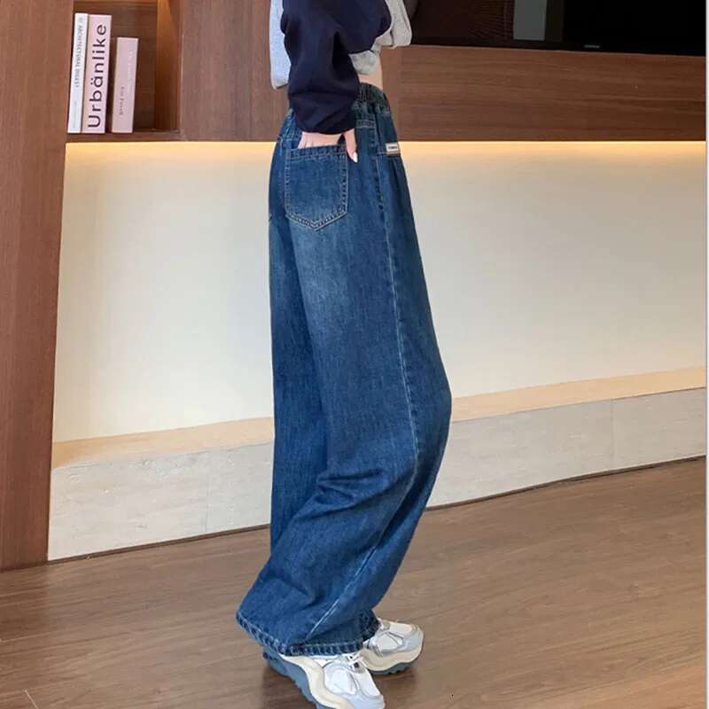 L - 6XL Plus Size Woman High 2025 Spring Elastic Waist Wide Leg Loose Denim Pants Streetwear Blue Color Jeans Women