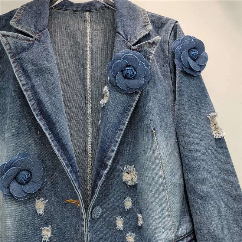 OCEANLOVE 3D Flowers Denim Jackets Women Spring Autumn Vintage Loose Jaqueta Feminina Single Breasted Chaquetas Mujer