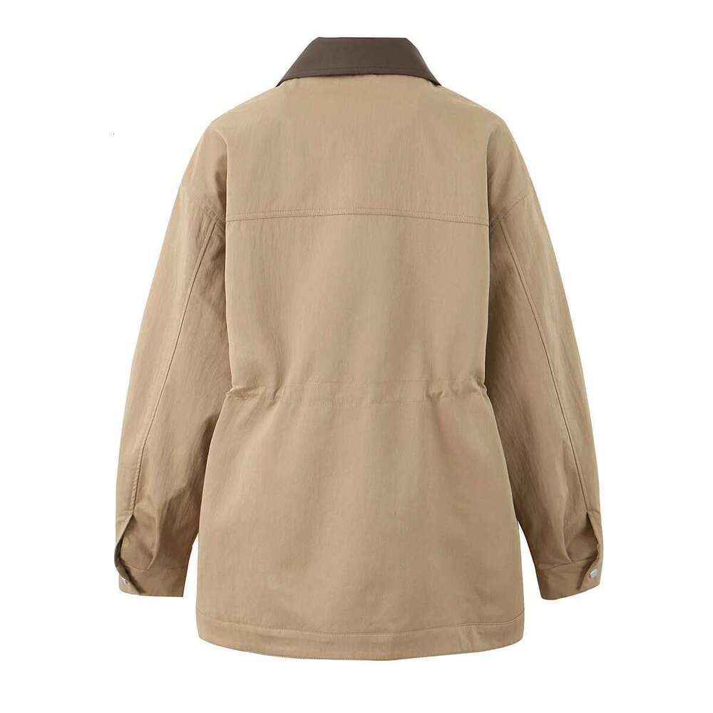 2025 Spring Women Khaki Spliced Faux Leather Lapel Safari Coat Front 2 Pockets Elastic Waist Zipper Jacket Loose Outerwear