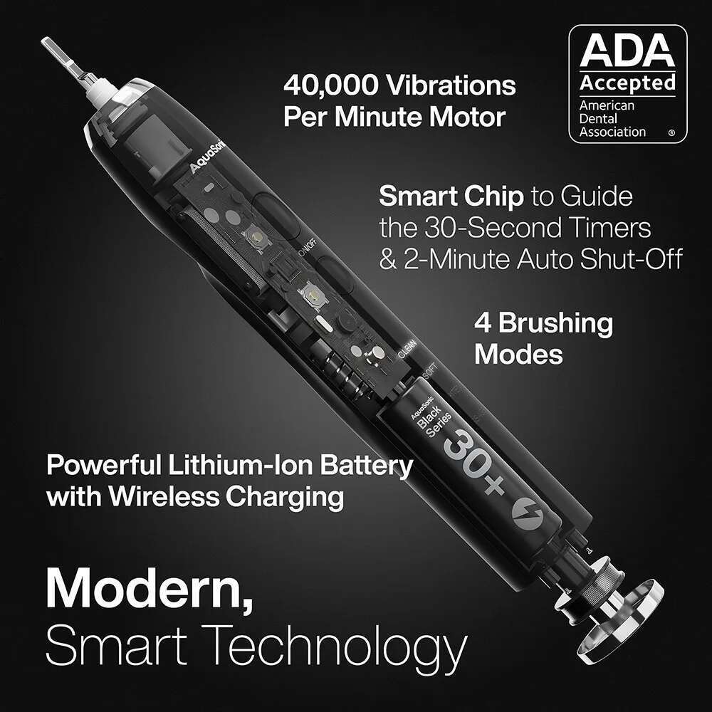 Black Series Ultra Whitening Electric Toothbrush Ada Accepted Brush Heads Travel Case 40,000 Vpm Motor Wireless Charging 4 Modes