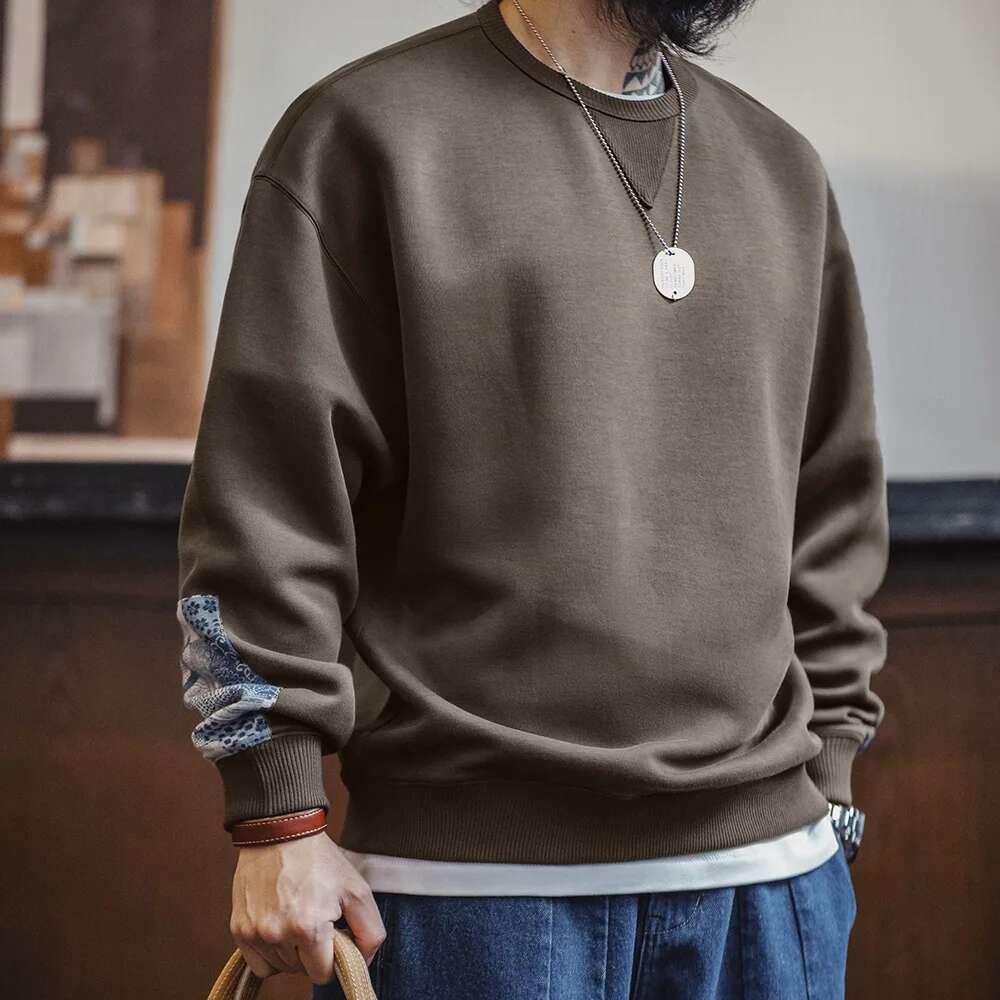 Maden Vintage Boro Patchwork Sweatshirt Casual Round-Neck Tops Men's Classic Pullover For Spring And Autumn Fashion Streetwear Designer