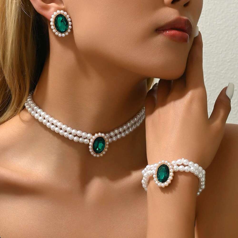 Obega 3 PCS Imitation Jewelry Set Oval Green Crystal Stone Multilayer Pearl Choker Necklace Charm Bracelet Elegant Earring