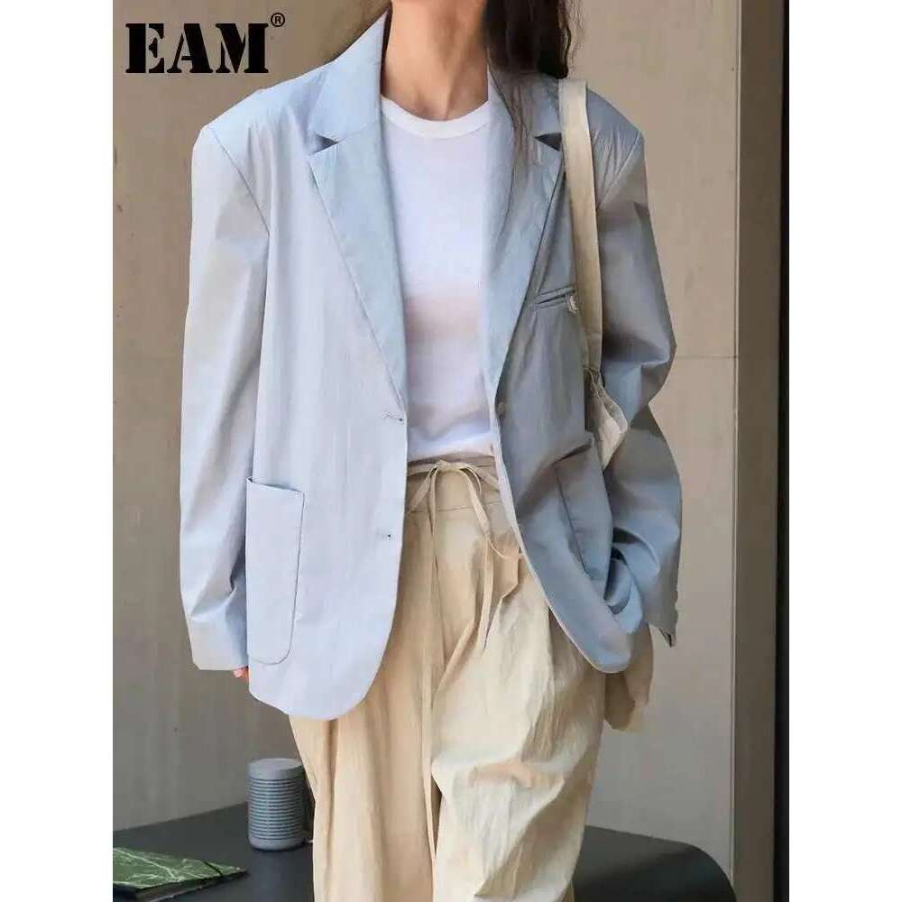 EAM Women Blue Pocket Brief Thin Big Size Blazer New Lapel Long Sleeve Jacket Fashion Tide Spring Autumn 2025 1Dh6593