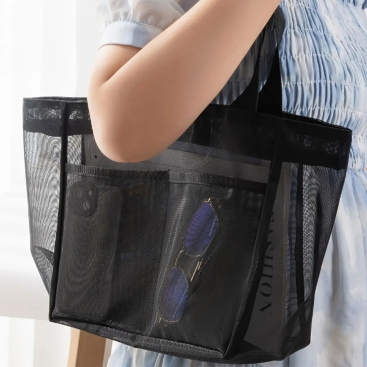 Solid color gauze handbag transparent storage bag shoulder bag beach bag Large capacity mall transparent net shopping bag one pa 250515