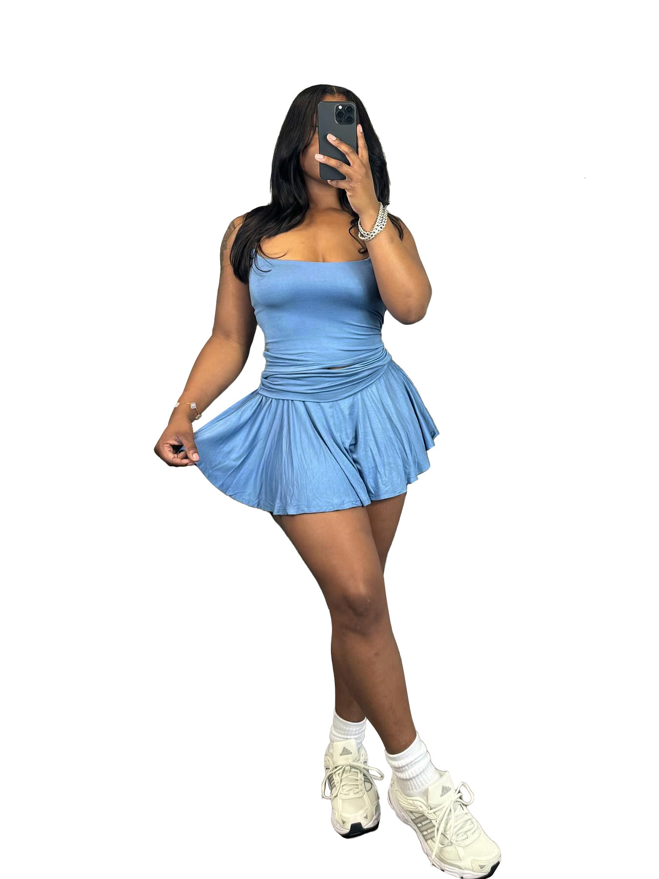 HR24033 Womens sexy and cute tight fitting suspender pleated flared skirt set (with safety pants)