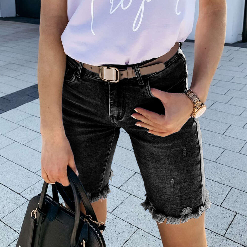 European and American summer ripped five quarter pants, fashionable fringed denim jeans, women's 2025 new casual fashion trend clothing