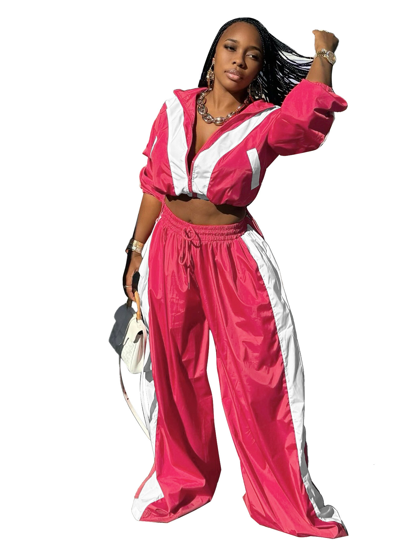 HR24071 Womens Zipper Waist Collar Color Contrasting Super Large Super Fat Trendy Two Piece Set