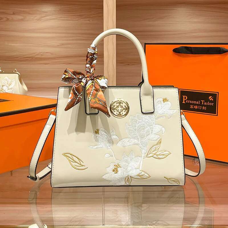 Pure Color Ladies Handbag New Chinese Embroidery Shoulder Fashion Hundred Commuter Girls Crossbody Bag Scarf Decor