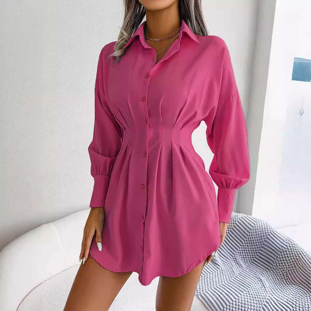 Ins style real-life photos of spring and summer lantern sleeves, waist cinched asymmetrical dress, shirt skirt, women's clothing, 2025 new casual