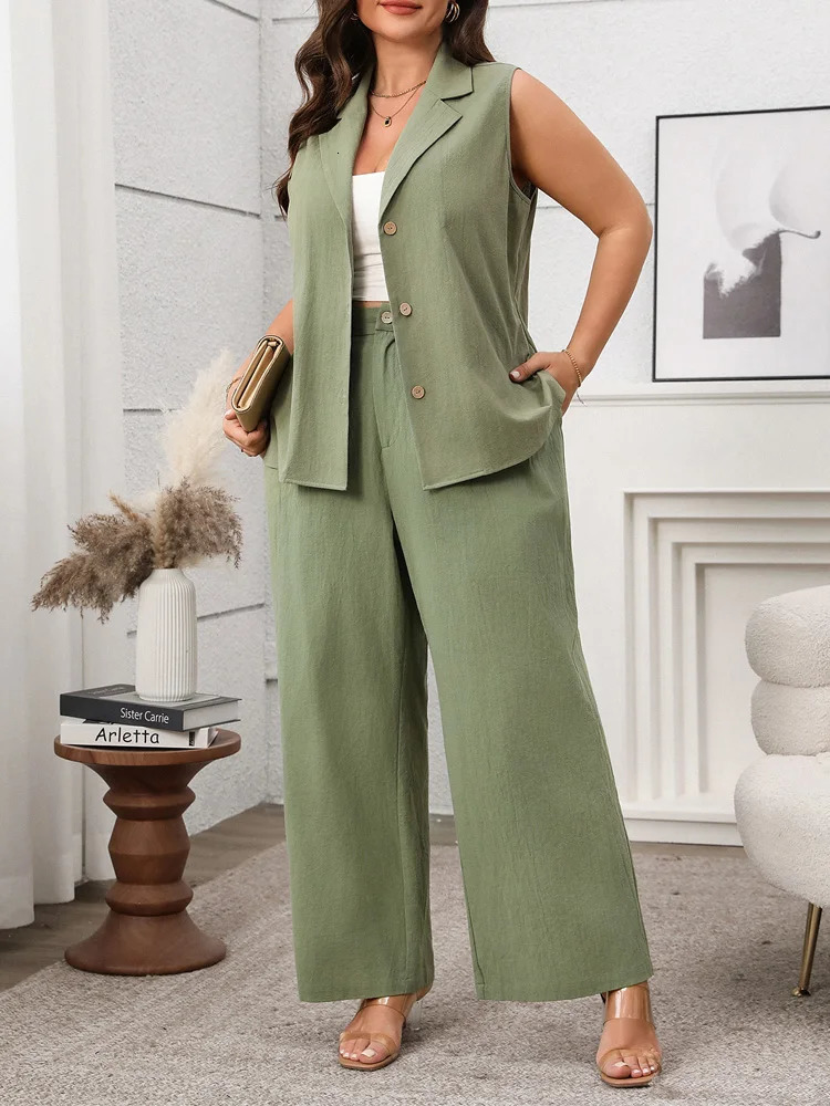 GIBSIE Plus Size Two Piece Set For Women Solid Notched Neck Sleeveless Vest And Wide Leg Pants 2025 Summer Office Ladies Suit 250514
