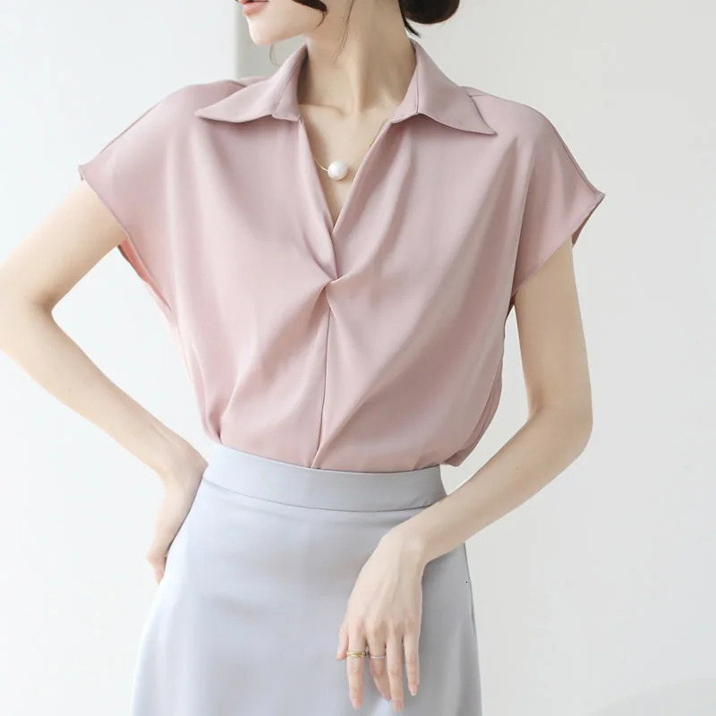 Summer Elagant Front Cross Womens Blouse Short Sleeve Vneck Korean Casual Loose Workwear Office Lady Shirts Female 250515