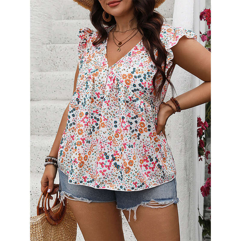Plus Size Gothic Women T Shirt Shirt Women Tee Shirt Designer Clothing Women Summer New V-neck Sleeveless Short with Lotus Edge Pullover Print Casual 