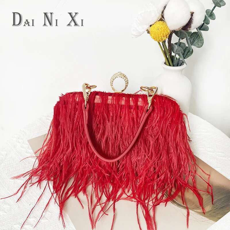 Fashion Ostrich Fuax Fur Feather Wallet Clutch Bag Ladies Dia Knuckle Rings Dinner Party Wedding Purse Chic