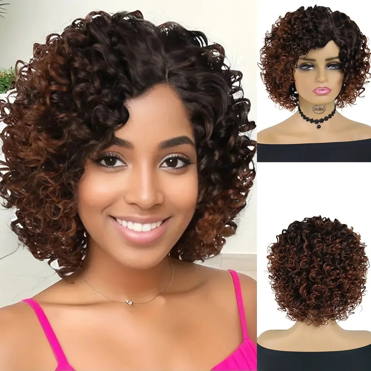 GNIMEGIL Synthetic Curly Wigs for Women Short Brown Ombre Wig with Side Bangs Natural Haircuts for Daily Use Replacement Wigs 250512