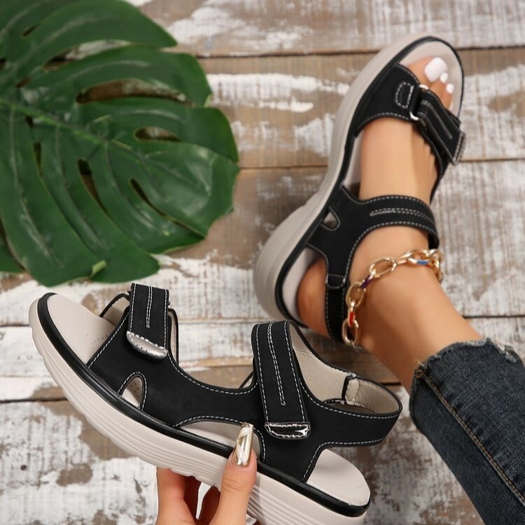 New Leather Thick Bottom Women S Sports Style Casual Shoes Slope Heel Lightweight Velcro Large Roman Sandals Ddmysaturn