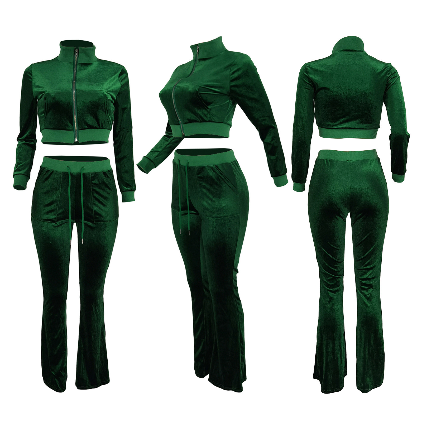 Hr8191 fashion womens quality solid color open navel flared pants set