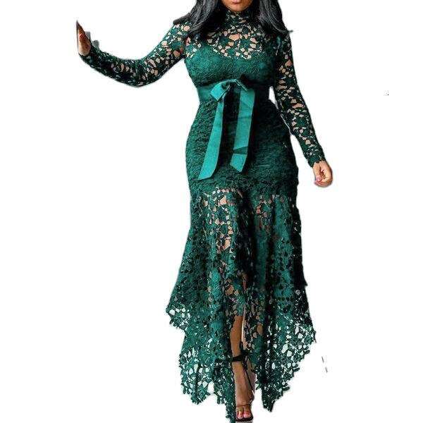2025 new women's hollowed out long sleeved stand collar lace up 5-color irregular dress