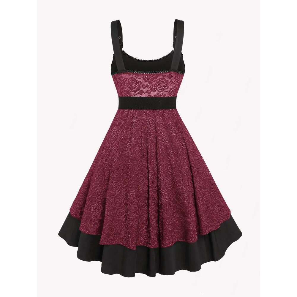 ROSEGAL Plus Size 1950s Vintage Floral Lace Jacquard Belt Women tail Party Dress Sleeveless Fit And Flare Vestidos