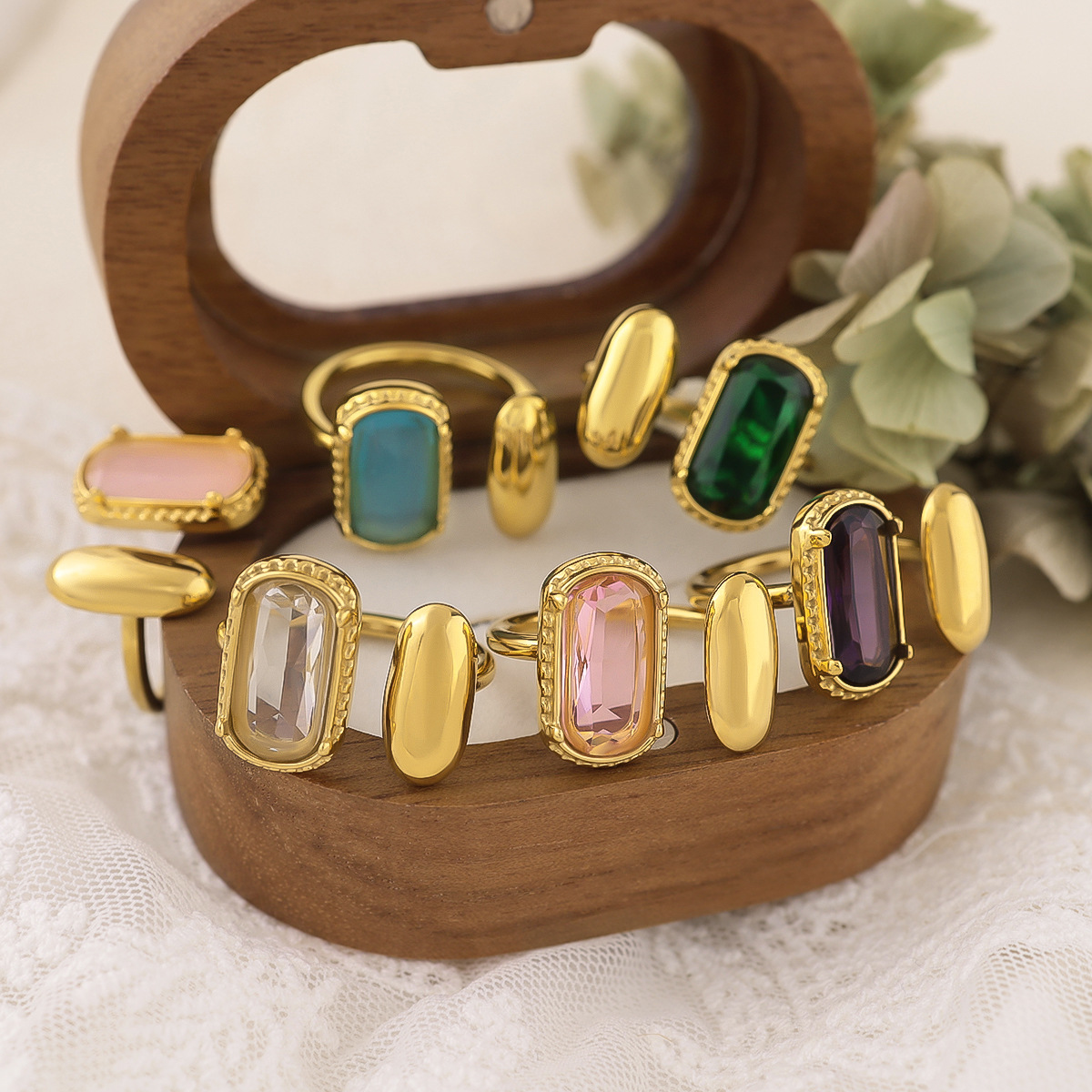 Gold Retro Color AAA Zircon Stainless Steel Ring for Women Simple Geometric Opening Fashion Ring