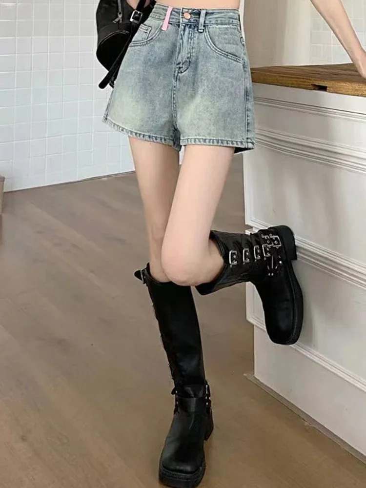 Girls Korean High Waist Denim Wide Leg Shorts Women High Street Y2k Short Pants Female Fashion Blue Slacks Jeans Plus Size 250514