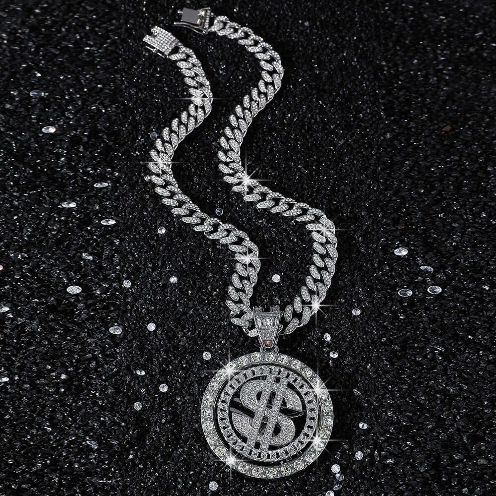 Fashionable alloy rotating pendant necklace, exaggerated personality, and men's Cuban dollar necklace