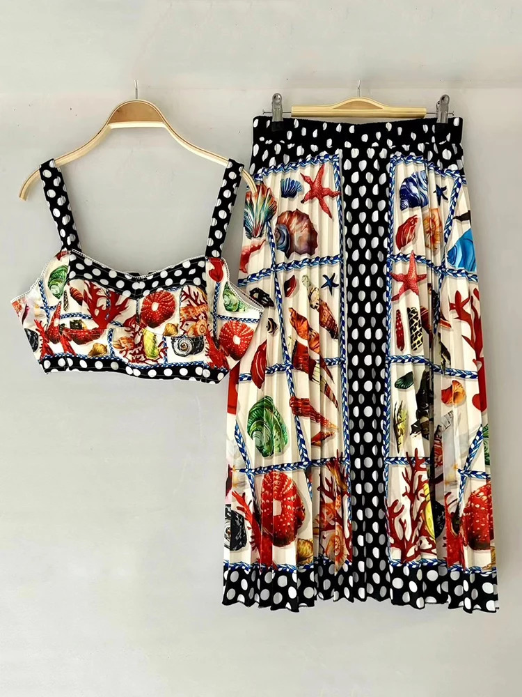 summer womens retro geometric print sexy suspender strapless top twopiece setelastic waist loose skirt fashion set 250515