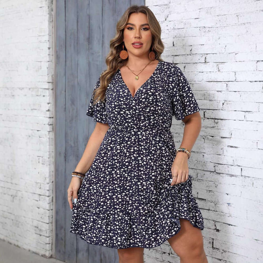 Plus Size Vestidos Elegantes Women Dresses Womens Designer Clothing Maxi Dress for Women Large Size Womens Sun Summer Floral Short Sleeved Wrapped V-n