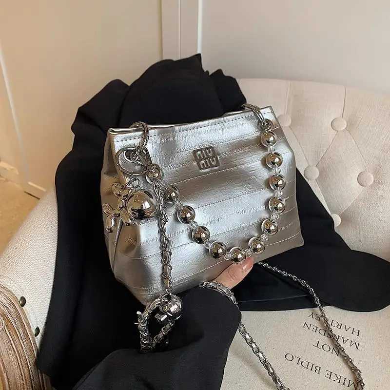 New 2025 Womens Bag Fashion Silver Handbags Metal Chains Shoulder Crossbody Bag Exquisite Bucket Bag Designer Luxury Brand BagXJ250515