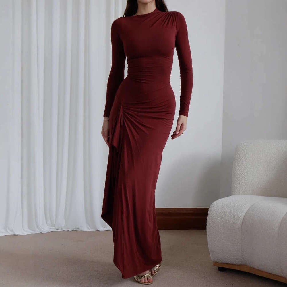 2024 autumn and winter new long sleeved slim fit fashionable INS casual lace up elastic dress