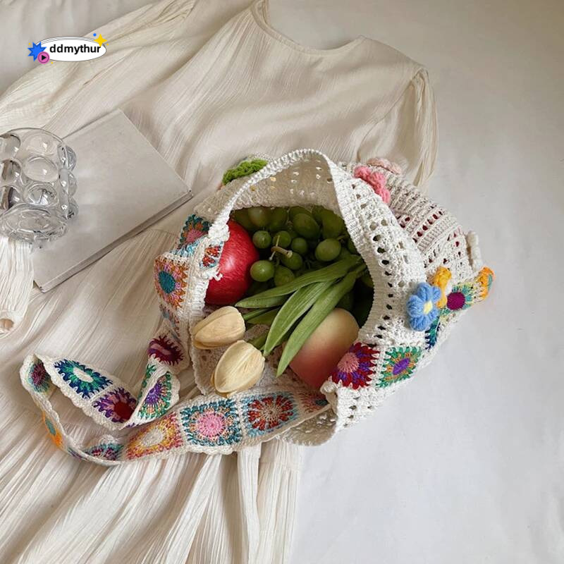 Large Capacity Boho Tote Bag Trendy Floral Crochet Vintage Multicolor Cut-out Knitted Handbag Fashionable Hollow out ddmythur
