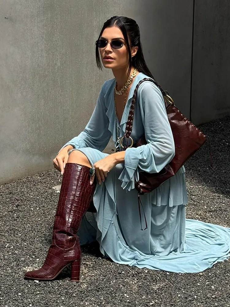 Ruffled Layered Shirt Top Long Skirt Women Two Piece Set Flared Sleeves Lace Up VNeck Pleated Satin Blouse Loose Beach Skirts 250515