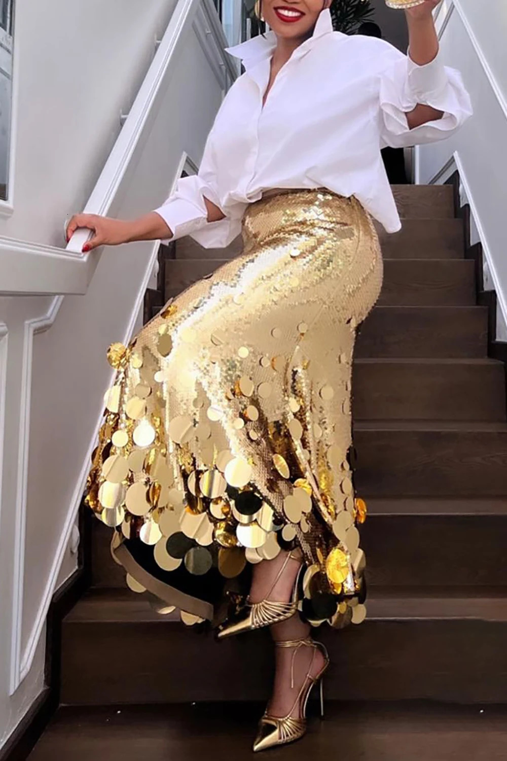 Plus Size Women Formal Skirts Elegant Gold Silver Long Sequin Party Club Evening High Waist Skirts Female Casual Cocktail Skirts 250514