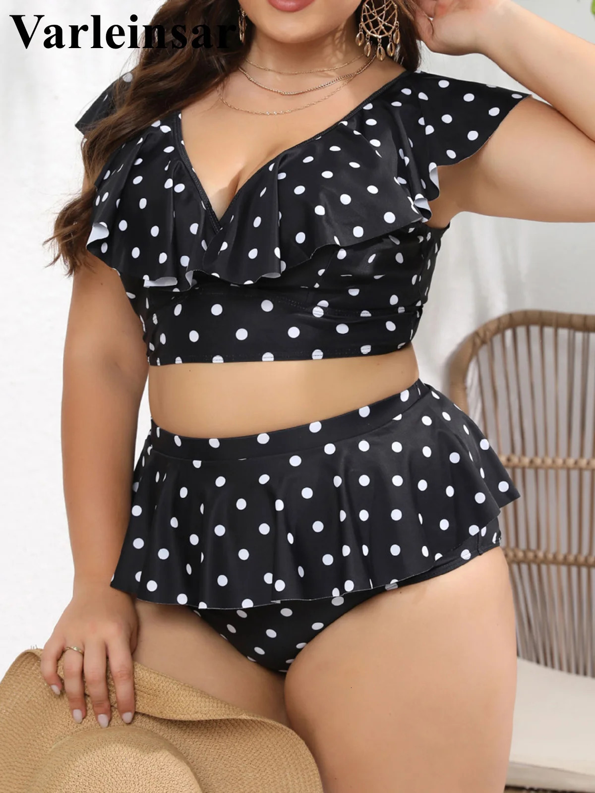 0XL - 4XL Polka Dots Bikini Large Size Swimwear Plus Size Women Swimsuit Female Two-pieces Bikini set Bather Bathing Suit V3745 250515