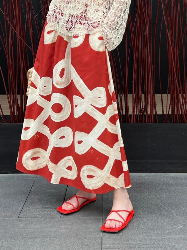 Vintage Summer in High Waist Red Midi Skirt Elastic ALine Flared with HandPainted Print Vacation Style 250515