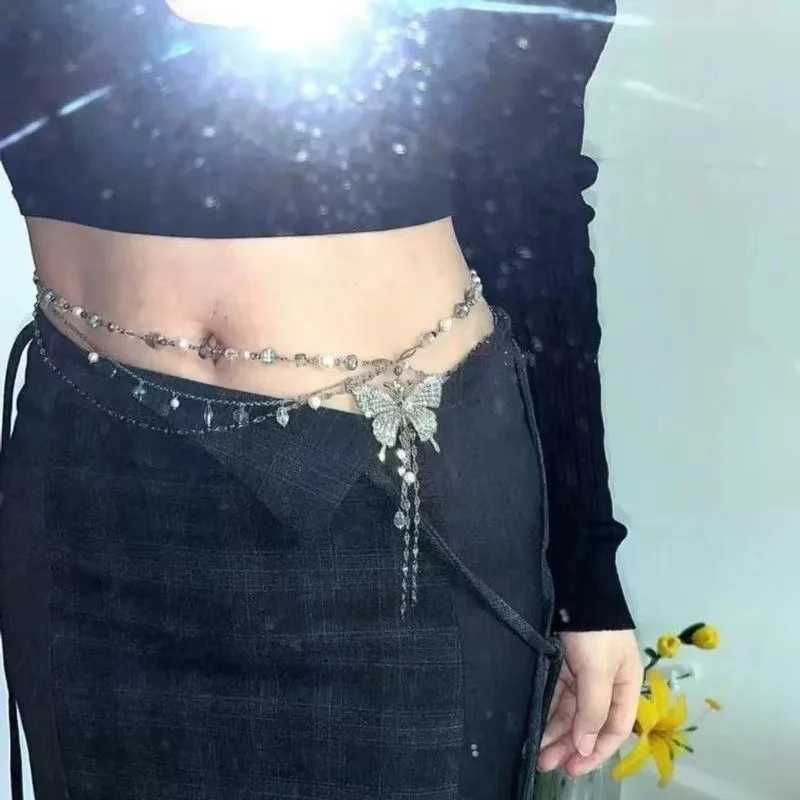 Simple Shiny Butterfly Waist Chain For Women Multilayer Pearl Tassel Metal Body Belly Chains Summer Beach Party Jewelry Gifts Y250515