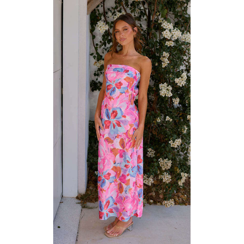 White Dress Maxi Dress 2025 Spring/Summer New Style Elegant Satin Backless Strapless Dress Printed KQ