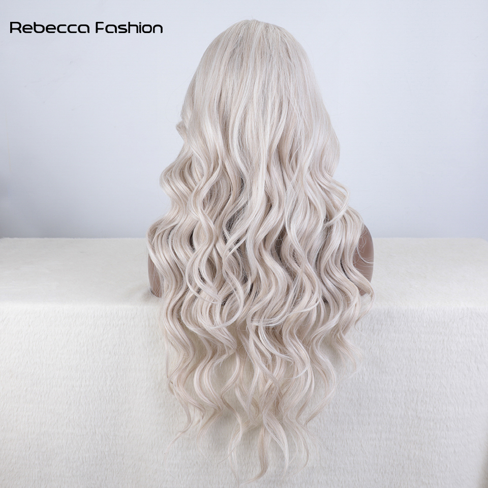 Rebecca Fashion Synthetic Front With Baby Hair Body Wavy Wigs For Women 28 Inch Ombre Brown Higlight Cosplay Lace Wig