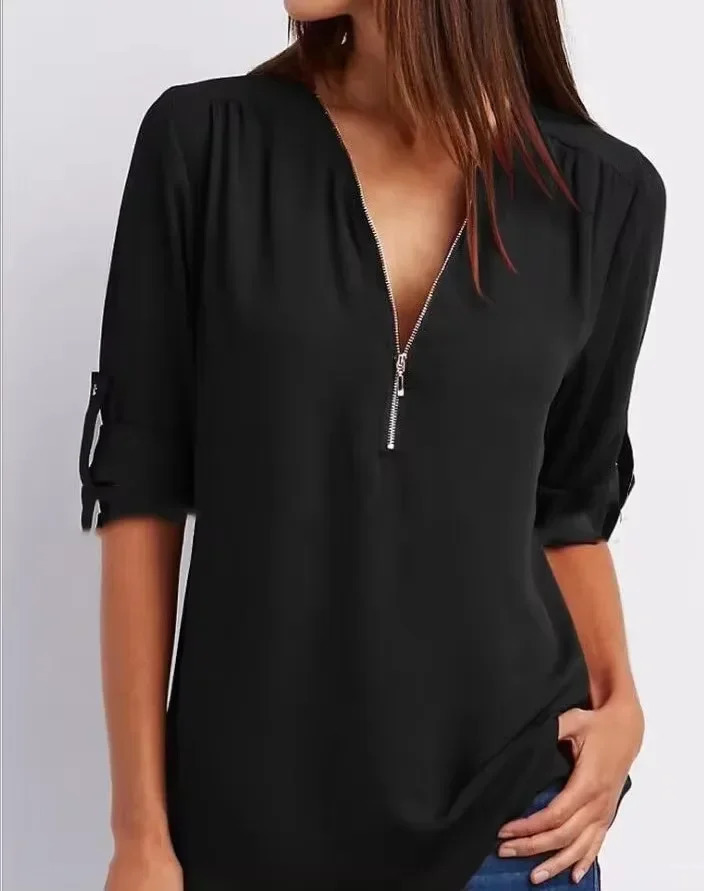 2025 Women Cool Loose Shirt Deep V Neck Chiffon Fashion Blouse Casual Ladies Tops Sexy Zipper Pullover Plus Size 250514