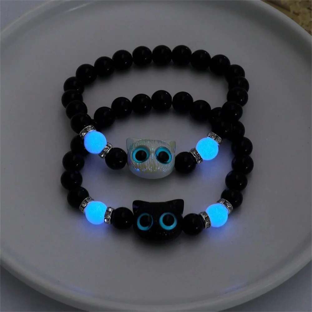 Matching Bracelets Couples Women Men Luminous Cute Friendship Bracelete Black White Cat Head Bangles Glow In The Dark Gift