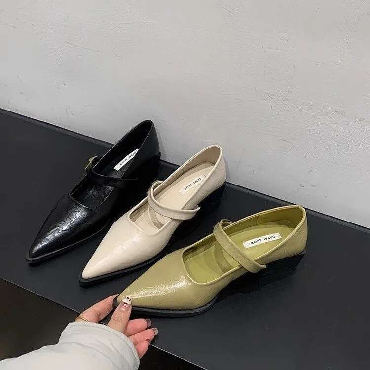 Retro Style Thick Heel Women Mary Jane Shoes Fashion Shallow Pointed Toe Ladies Comfort Office Pumps Footwear