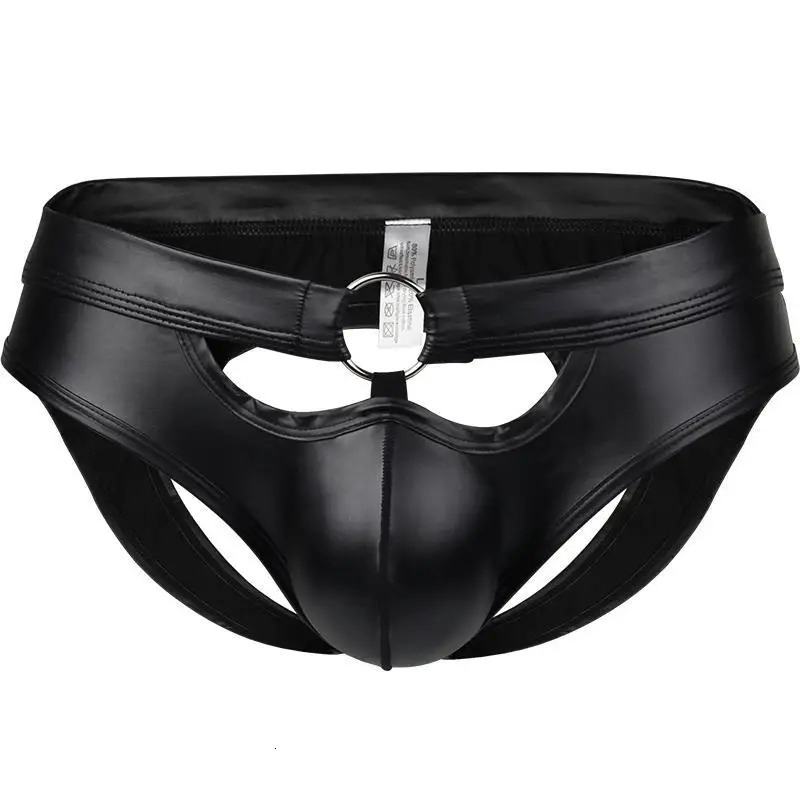 Mens G-string Thongs Hollow Back Jockstrap Sexy Gay Underwear Black Faux Leather Panties Man Lingerie Erotic Penis Underpants 250515