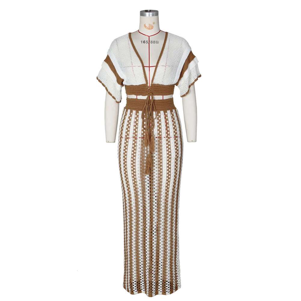 Cm.Yaya Women's Set Short Sleeve V-Neck Top + Long Skirts Suit Summer Knitted Hollow Out Streetwear Beach Sexy Two 2 Piece Sets