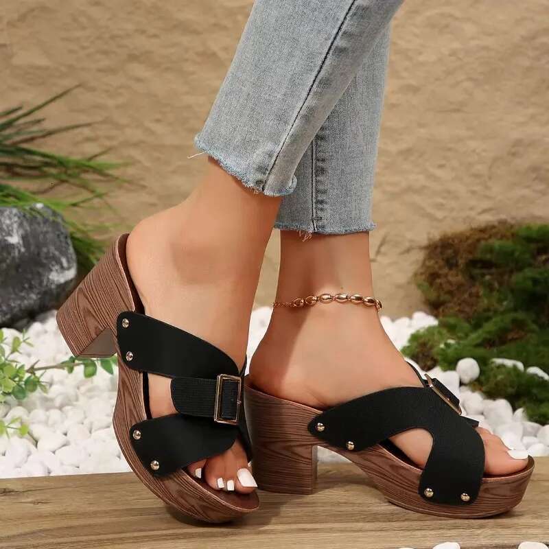 of Women British Style Rome Shoe Comfy Soft High Heels Summer Sandalias Metal Buckle Casual Slipper Wedge Platform Sandal