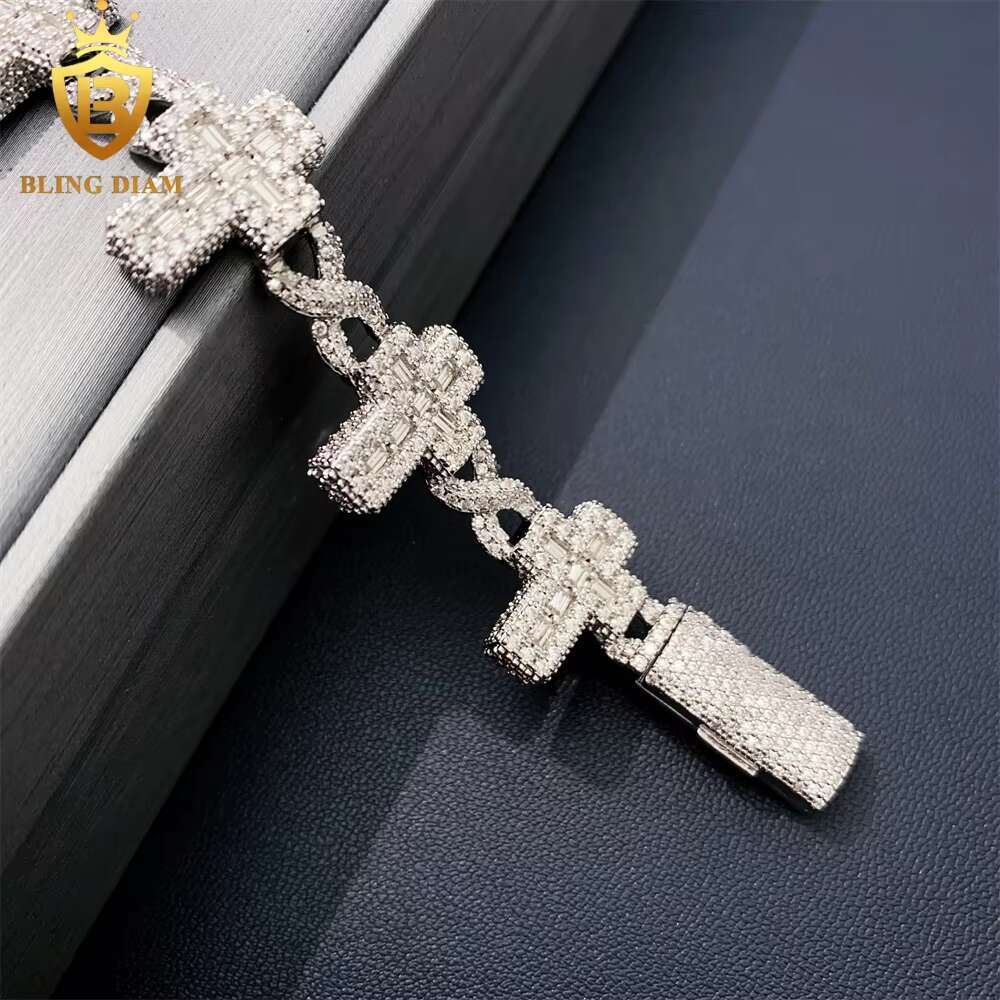 Fine Jewelry Gold Plated 925 Sterling Silver VVS Moissanite Baguette Cuban Link Chain Cross Bracelet for Men Women