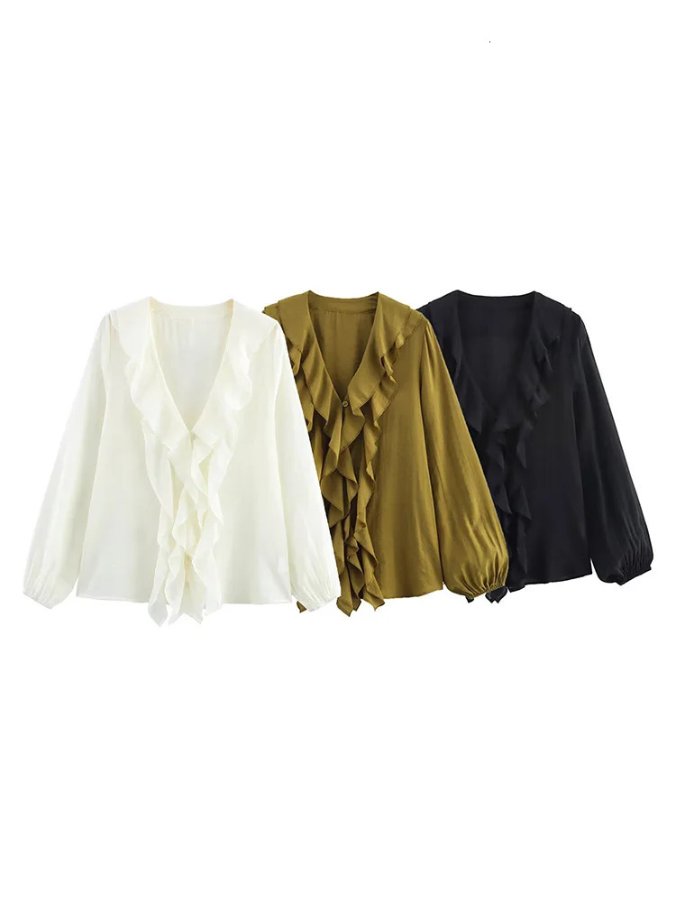 Womens Clothing European and American Style Loose Layered Decoration Puffy Long Sleeve VNeck Shirt 250515