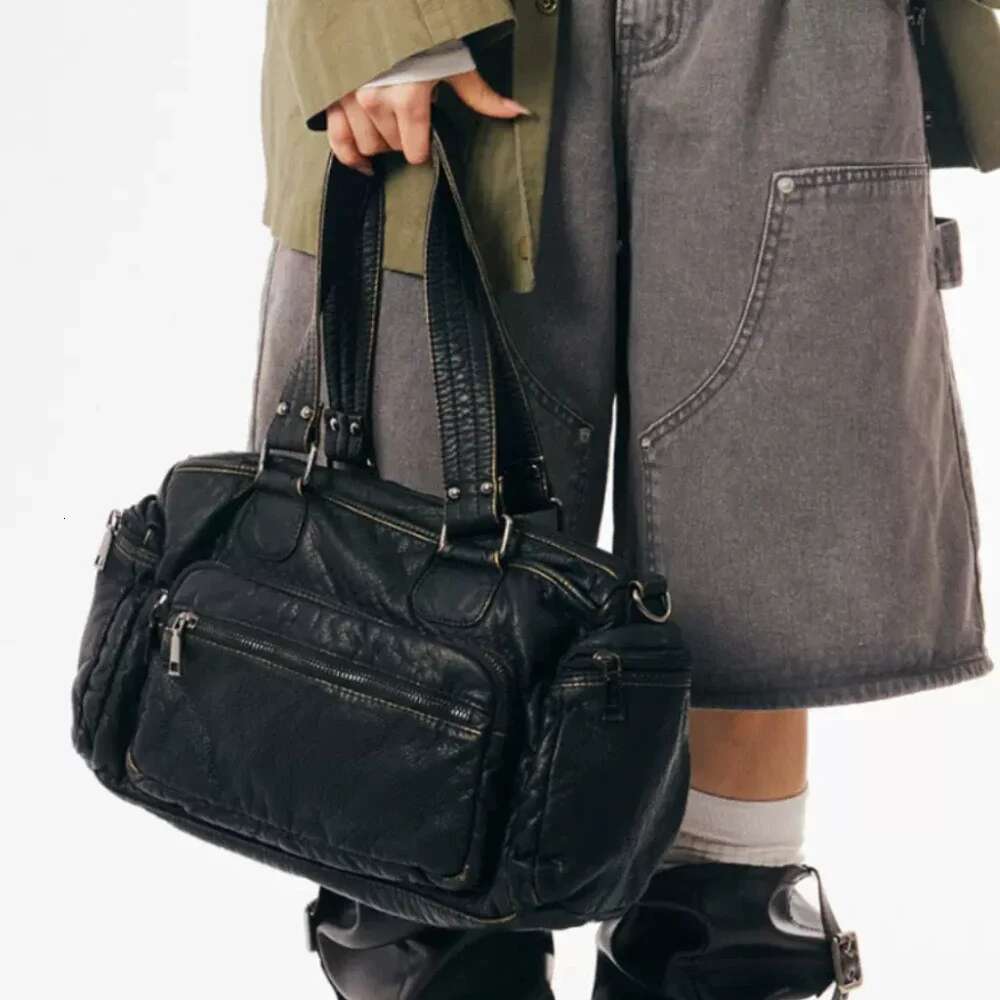 Y2k Hot Girl Single Shoulder Crossbody Vintage Washed Leather Motorcycle Large Capacity Multi Pocket Bag