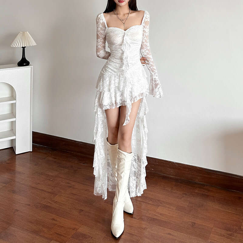 Wind 2025 Spring/Summer New Women's Solid Color High Waist Fashion Square Neck Long Sleeve Lace Splicing Dress