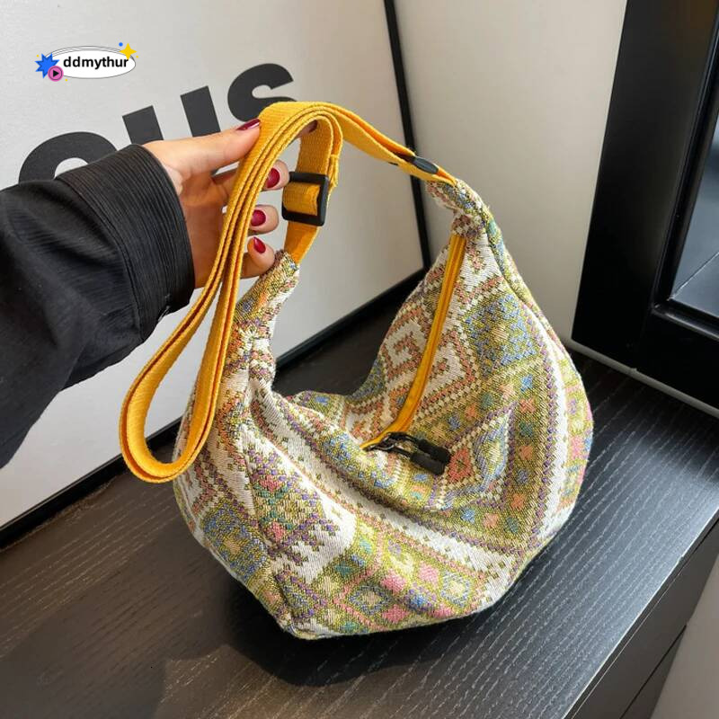 Ethnic Wind Canvas Shoulder Small Tote Female Messenger Simple Zipper Handbags 2024 New Trend Casual Beach Bag ddmythur